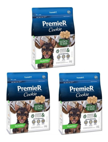 Kit 3 Un. Cookie Cães Filhotes Coco E Aveia 250g Premier