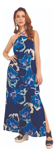 Vestido Maxi Halter Estampado Floral Azul 914-41