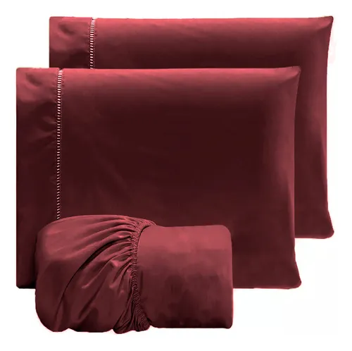 Jogo Lençol Casal 3pç 400 Fios Hipercal Conforto Macio Cor Bordô ...