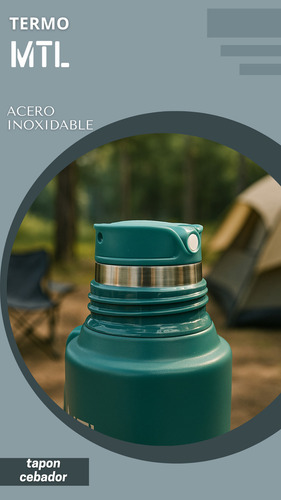 Termo Mtl 1 Litro Acero Inoxidable Pico Cebador Mate System Color Verde Tapa Vaso Térmico Reforzado Alta Resistencia Líquidos Calientes Fríos