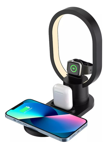 Luz Mesa Cargador Inalambrico Qi 4 En 1 Calu Reloj Auricular Pantalla Negro