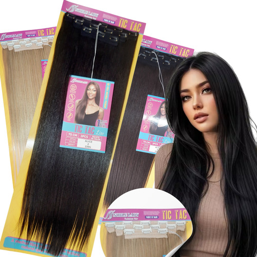 Apliques de Cabelo Bio Fibra Yan Hair Estilo Presilha Tic Tac 2 Castanho Escuro de 75cm 3 Tela por Pacote