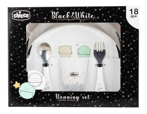 Set Alimentacion Chicco Plato + Vaso Cuchara + Tenedor 18m+ Color Negro set de comida Personaje Planetas