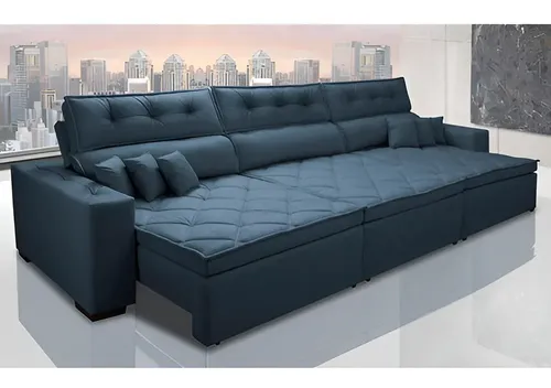 Sofá Retrátil e Reclinável 3,82m Austin com Molas no Assento Suede Velusoft Azul Cama inBox