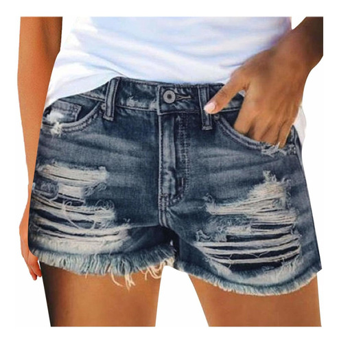 Denim Shorts For Mid Waist Tassle Hole Jean Folded Hem