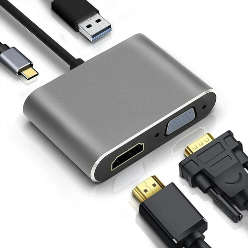 Adaptador Tipo C 4en1: Hdmi-vga-tipoc-usb Extiende Y Duplica