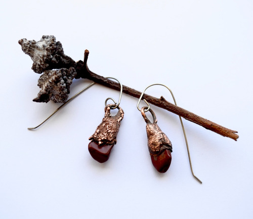 Imagen 3 de 6 de Aros Rojos, Piedra Natural Jaspe Engarzados En Cobre
