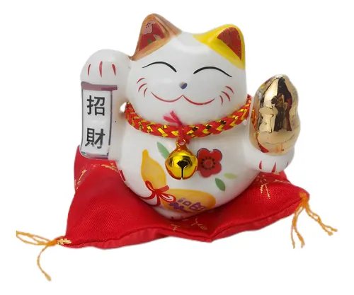Manekineko Gato Da Sorte Oriental Porcelana Com Almofada