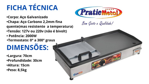 Chapa Elétrica Para Lanches 70x30cm - Pratic C/ Abafador