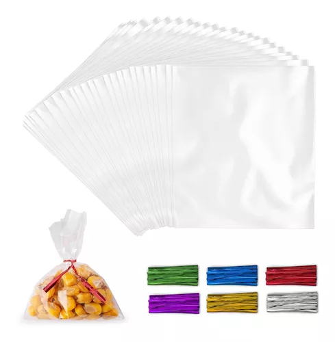 Bolsas de celofán, bolsas de regalo transparentes de 5 x 9 pulgadas, 100  unidades con lazos y lazos, bolsas de dulces de recuerdo de fiesta para