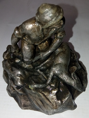 Escultura Antigua Adorno Cazador Con Ciervo 