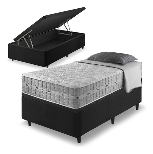 Cama Box Com Baú Preta Solteiro King + Colchão Alabama 96cm Cor Cinza