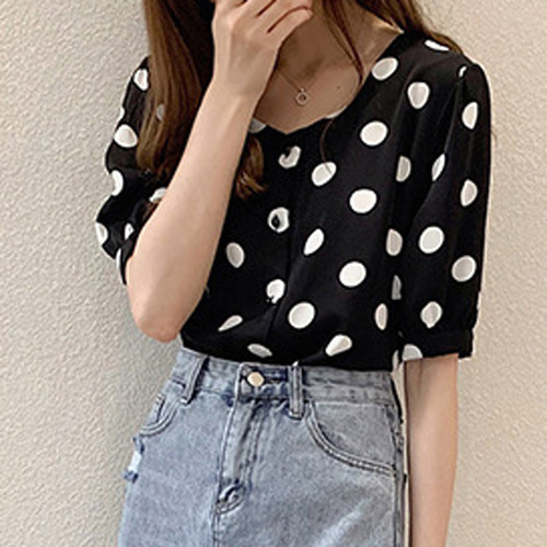Top Casual De Manga Corta Con Lunares Para Mujer, Informal,