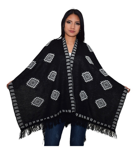 Poncho Tejido Para Dama, Negro, Gris, Beige, Tejido Grecas