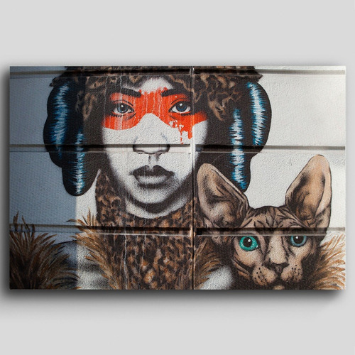 Cuadro Decorativo Canvas Gato Arte Grafiti Mural Mujer 60*80