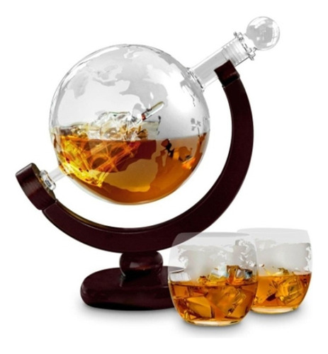 Set De Decantadores De Whisky Globe Con 2 Vasos Grabados