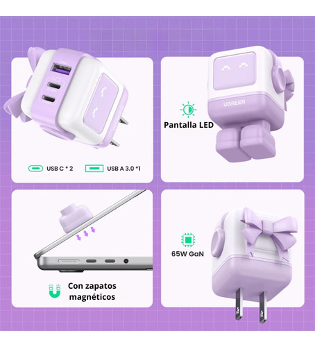 Cargador Ugreen Nexode Robot Gan Fast Charger 65w Purple Col Lila