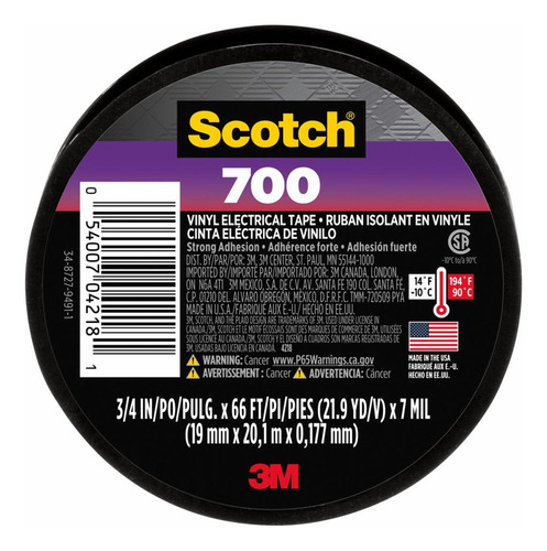 Cinta Eléctrica Scotch Vinilo 3/4 X66' Retardante Llamas