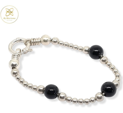 Imagen 2 de 7 de Pulsera Plata Bolitas Y Piedras Naturales Negras X 20cm