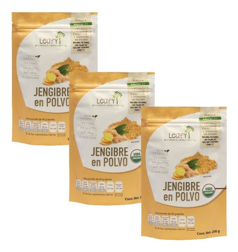 Imagen 1 de 7 de Jengibre Orgánico En Polvo Superfood Leafy 3 Pack 600 Gramos