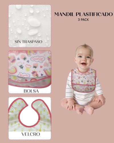 Set De Baberos 3 Pzs Plastificado Unicornio Unicornio Rosa 3m
