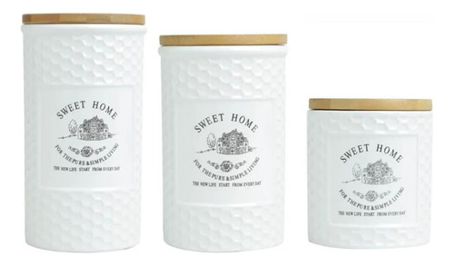 Kit 3 Potes De Mantimentos De Cerâmica Sweet Home Wolff Cor Branco