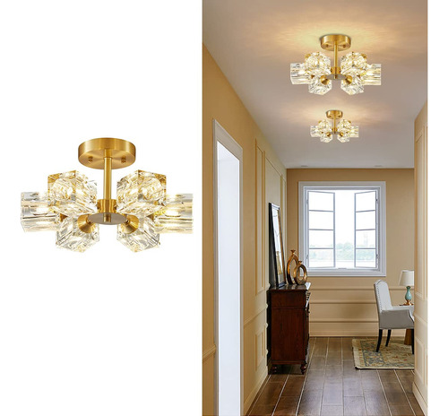 Lampara Techo Cristal Dorado 5 Luz Vintage Laton Cerca Baño