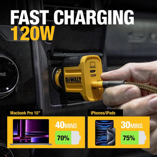 Cargador de coche DeWalt DXMA1410484 USB-C superrápido, negro y amarillo, compatible con Android, iPhone, ordenadores portátiles, MacBook Pro, tabletas