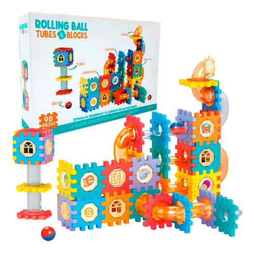 Laberinto Con Bloques Y Tubos Bolitas Rolling Ball 98 Pzs Color Celeste