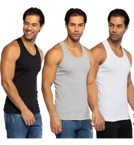 Kit 3 Regatas Masculinas Caneladas Americana Justa (P ao GG)
