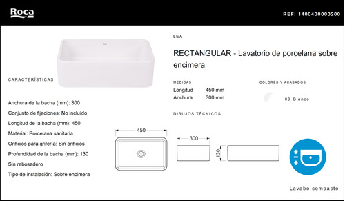Pileta Apoyo Roca Lea Lavatorio Rectangular 45x30x13 Blanco