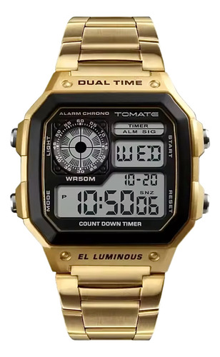 Relógio Esportivo Dual Time Com Pulseira Em Aço Inox Correia Dourado Bisel Dourado Fundo Preto