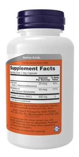 Now Foods Nac Nac N-acetil Cisteina 600 Mg 100 Vegcaps Sfn Sabor Sin sabor
