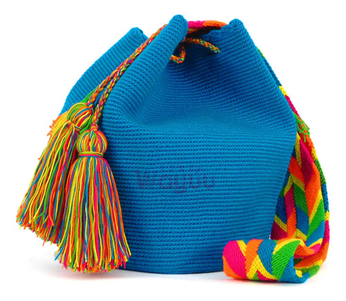 Mochila Wayuu Unicolor Azul Electrico Grande Original