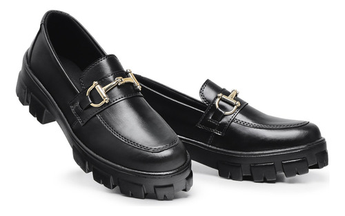 Kit 2 Pares Mocassim Feminino Tratorado Plataforma Com Metal