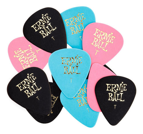 Ernie Ball Paquete 12 Púas Plumillas Celulosa 0.46 Mm 9176 Color Negro, Rosa Y Azul Tamaño Thin