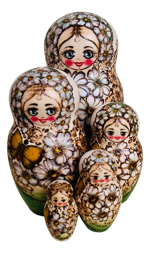 Matrioshka De Autor. Flores, Pirograbado. Rusia Hecha A Mano