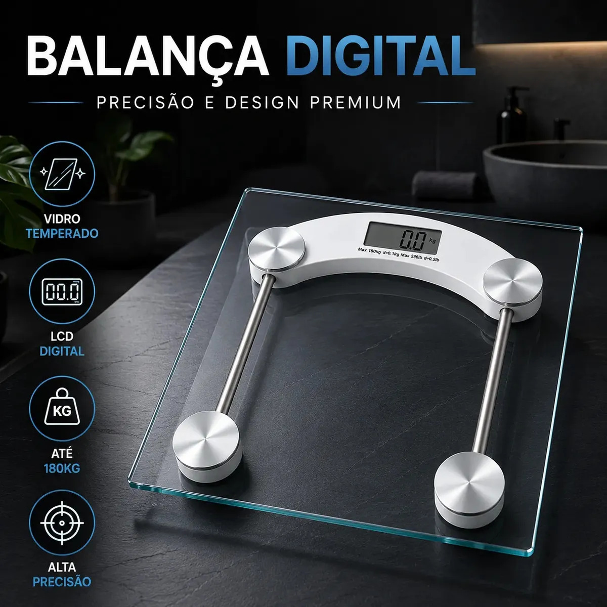 Balança Corporal Digital Vidro Temperado Transparente Portátil pesagem Academia Nutricionista Balanca 180kg Dieta Treino Fitness Musculação Saúde Profissional Ou Domestico