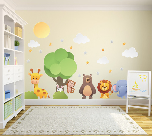 Imagem 2 de 4 de Adesivo De Parede Árvore Animais Zoo Infantil 140x210cm