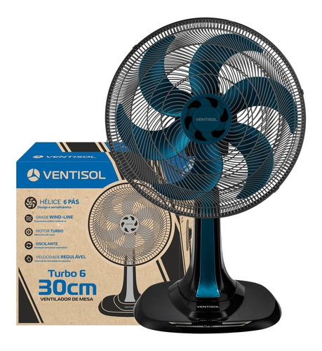 Ventilador de mesa Ventisol Ventilador De Mesa Turbo Premium 6p VOM50 preto com 6 pás cor  azul, 30 cm de diâmetro 60 Hz 220 V