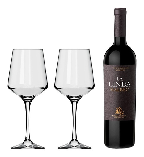 Set De Vino La Linda Malbec + 2 Copas Vidrio Brunello 490ml 