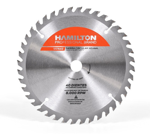 Disco Sierra Circular 165mm 40 Dientes Hamilton Ss1640 Color Plateado