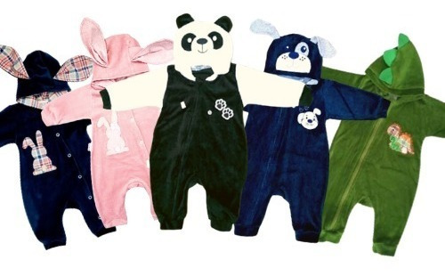 Imagem 2 de 7 de Kit 3 Macacões De Plush Bichinho Com Capuz Orelhas Para Bebê