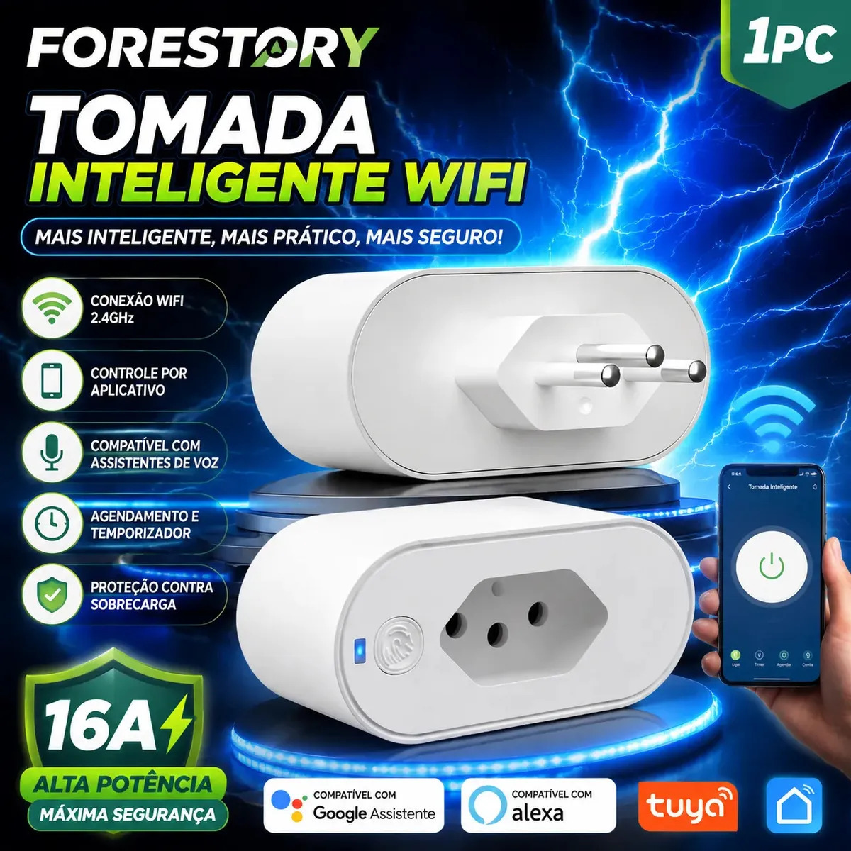 Tomadas Inteligente WiFi 16A Bivolt Smart Plug Com Monitoramento De Energia Compatível Alexa GoogleHome Tuya Smart Life Controle Remoto App Automação Residencial Casa Inteligente b
