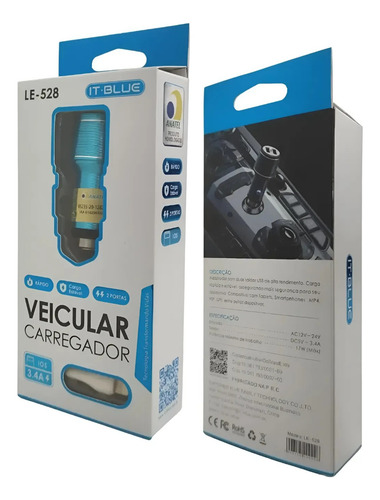 Carregador Veicular 3.4a Dual Usb C/cabo Lightning Ios Preto