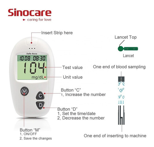 Imagen 4 de 10 de Kit Glucómetro Sinocare Tirillas+lancetas+estuche + Obsequio