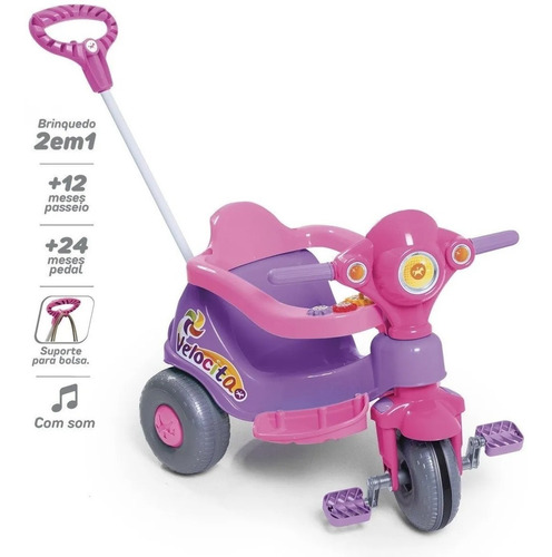 Triciclo Motoca infantil triciclo de passeio totoca com pedal e kit multifuncional Calesita Velocita lilás