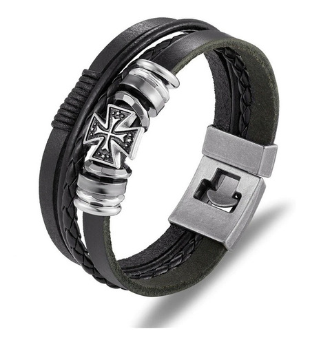 Pulsera De Cuero Black Cruz Medieval Juvenil Masculina 