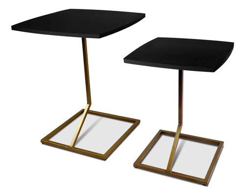 Conjunto Jogo Mesa De Canto Lateral Tip Tampo Quadrado Cor Dourado/preto