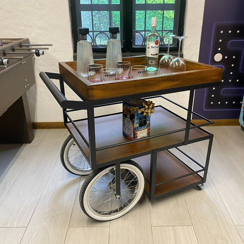 Carrito De Servicio Bar Cantina Cava De Madera Con Llantas Color Parota